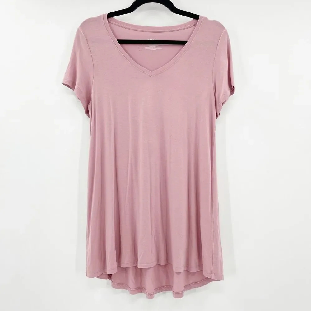 Hue Women's Baby Pink V Neck Short Sleeve Relaxed T Shirt‎ Dress Size S